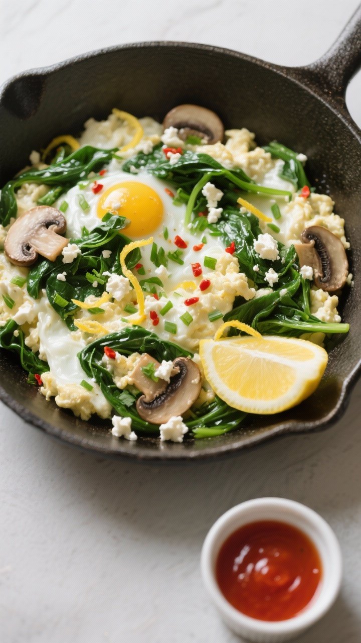 Overhead “tasty top view”: Spinach and Mushroom Egg White Scramble just set and glossy in the pa