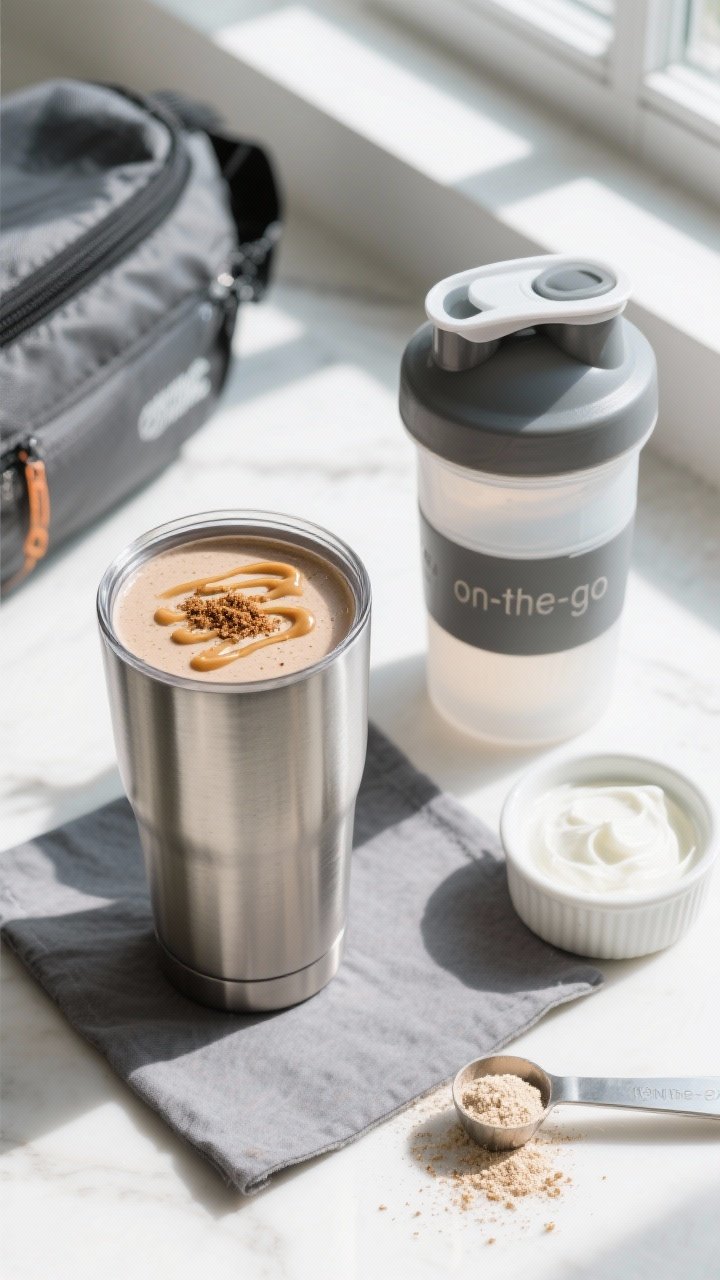Overhead top-view of the final smoothie in an insulated stainless tumbler with lid beside it, thick 