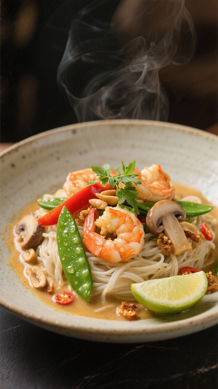 Plated hero presentation: Restaurant-quality final dish of Thai coconut curry shrimp served over a n