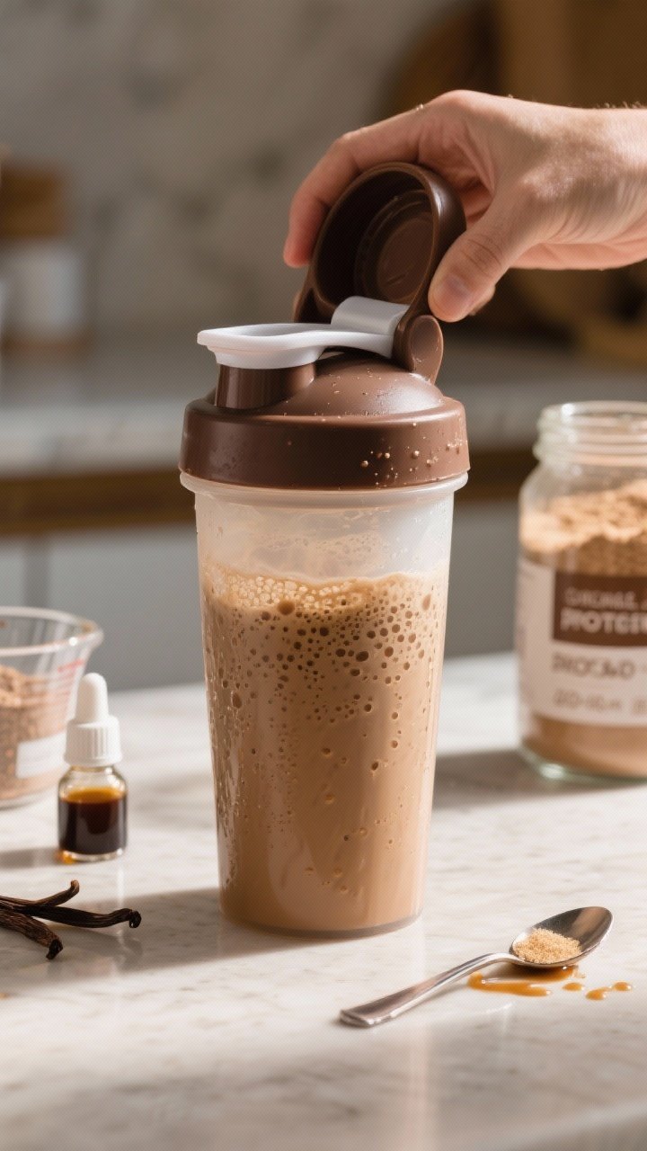 Process-in-action shot: Shaker bottle just after a vigorous shake, lid off to reveal perfectly blend