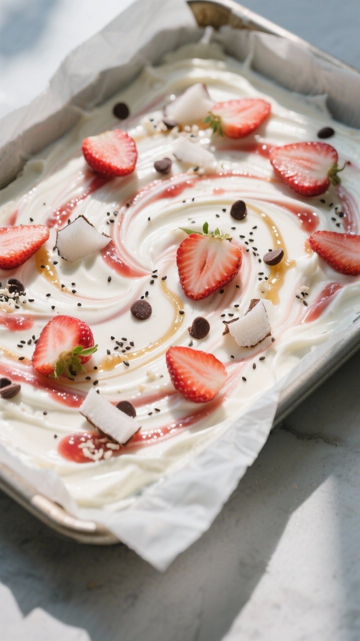 Process shot, overhead angle: the yogurt base already spread to an even 1/4-inch layer in a rimmed b