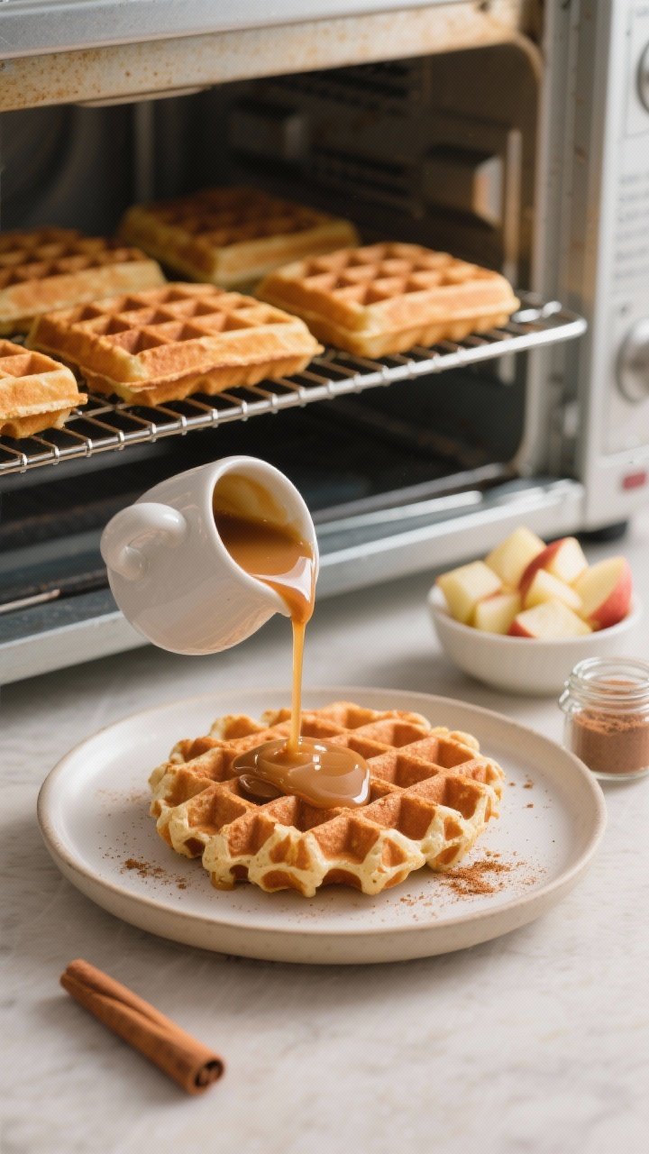 Process-to-serve transition shot: A wire rack holding multiple freshly cooked waffles in a 200°F ov