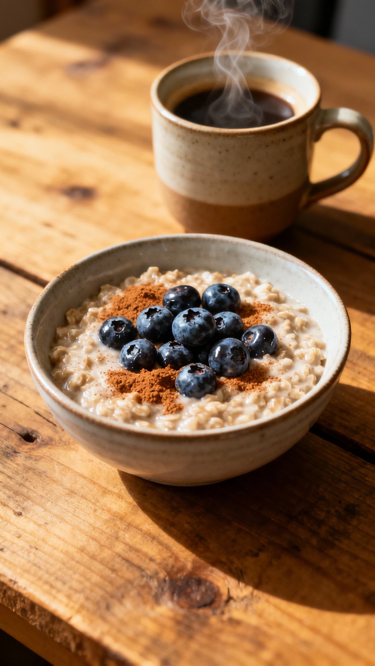 Protein oats with blueberries and cinnamon on wooden desk, coffee nearby