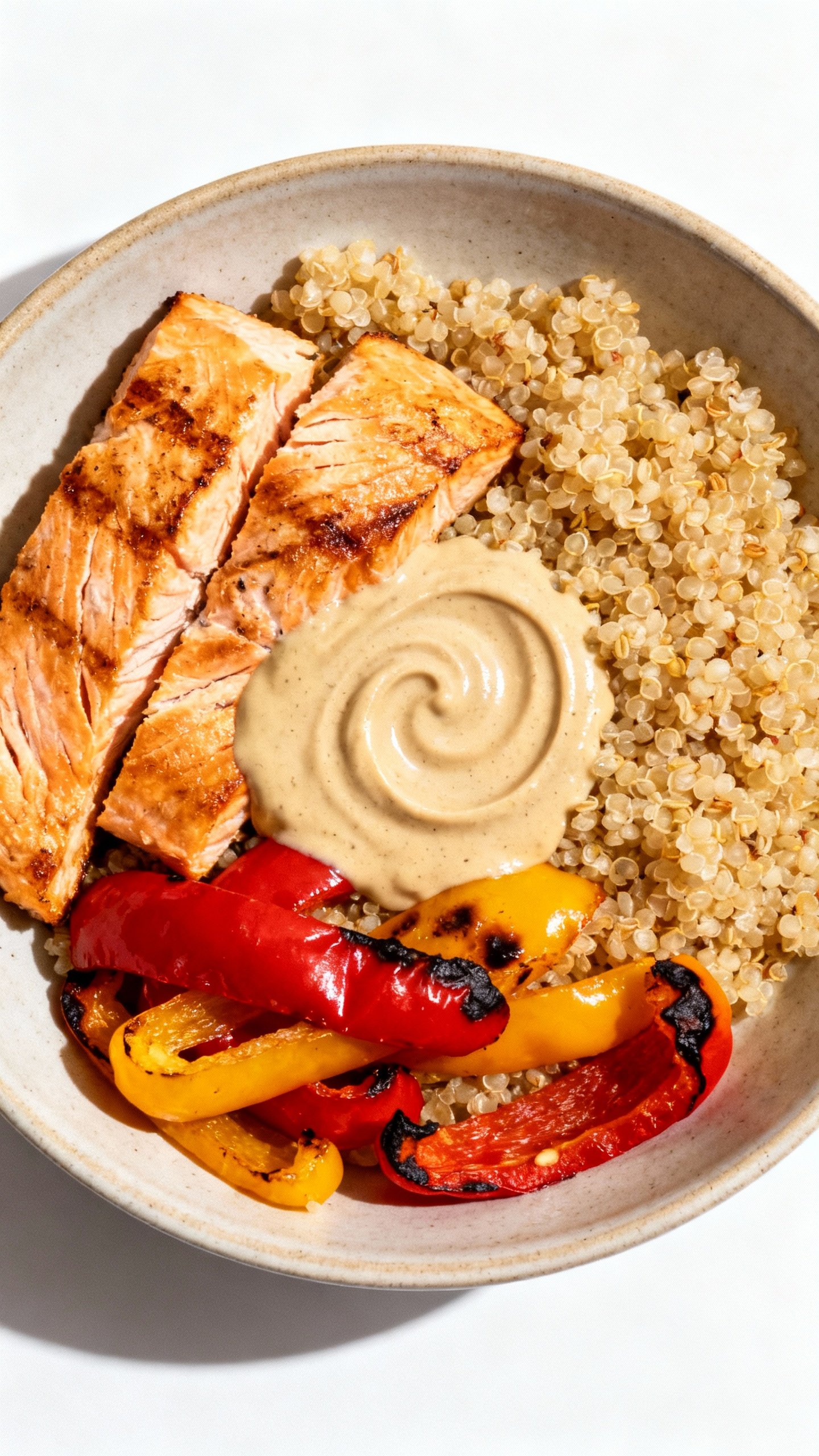 Quinoa bowl with salmon, roasted peppers, tahini swirl, overhead