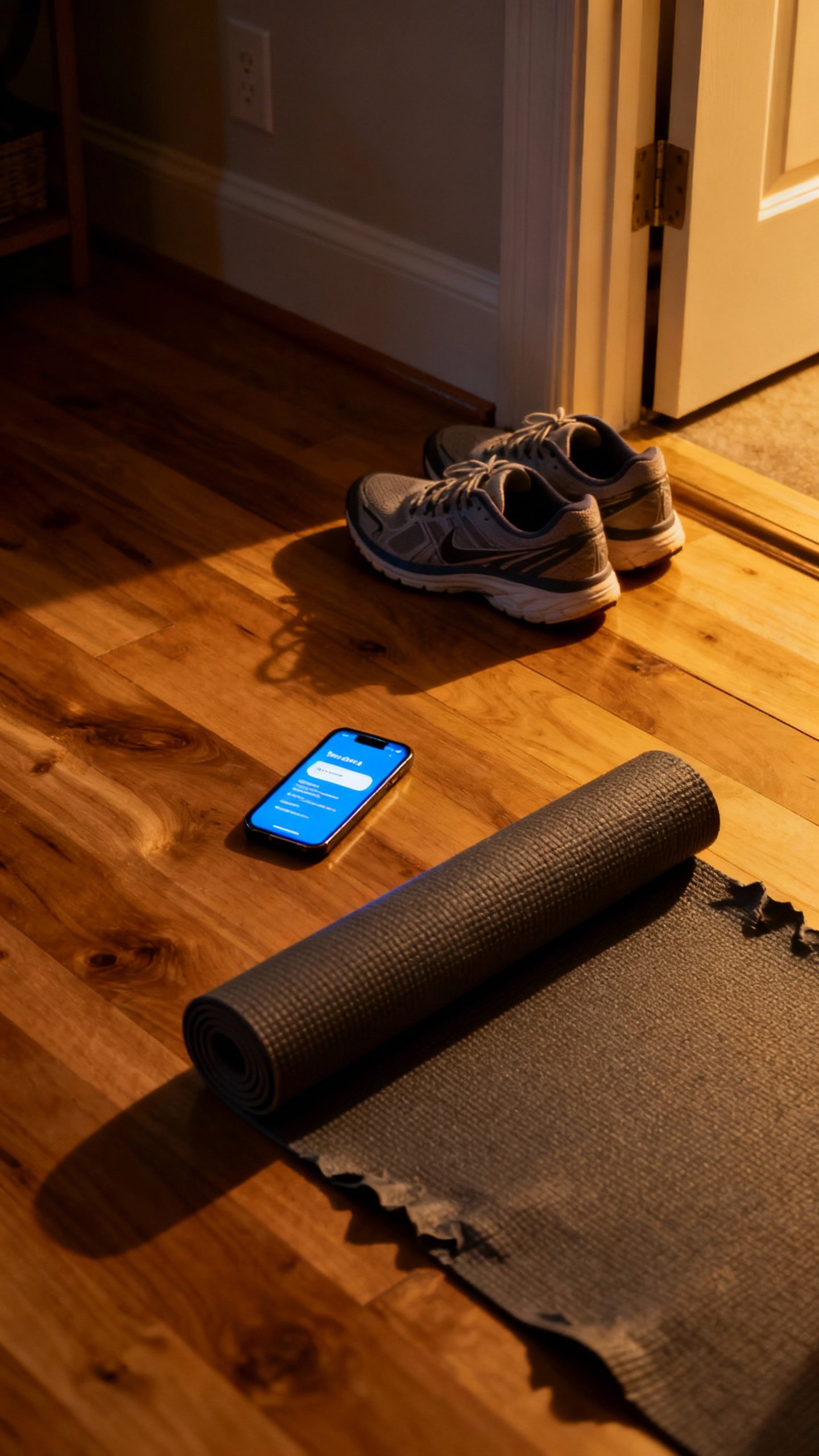 Running shoes by apartment door, phone reminder glowing, unrolled yoga mat, soft evening light, hard