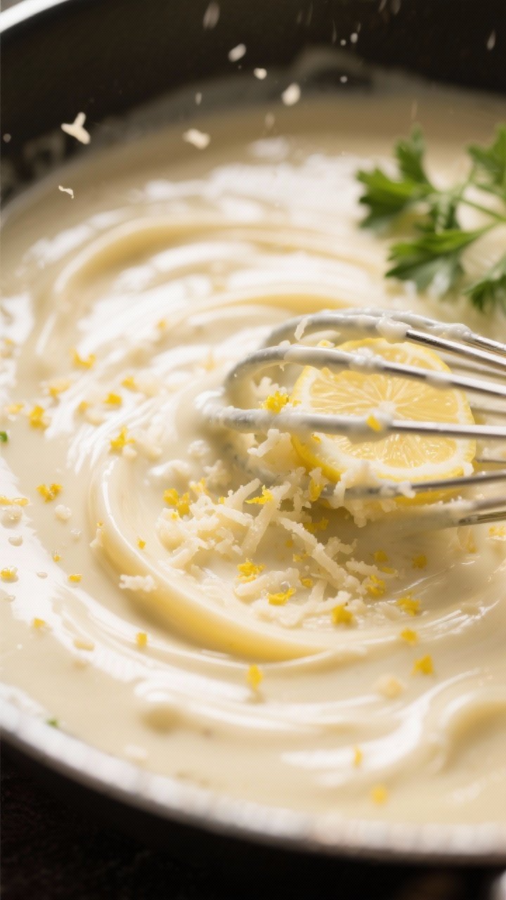 Sauce-building close-up – Creamy garlic-lemon-Parmesan emulsion: Tight macro shot of the glossy cr