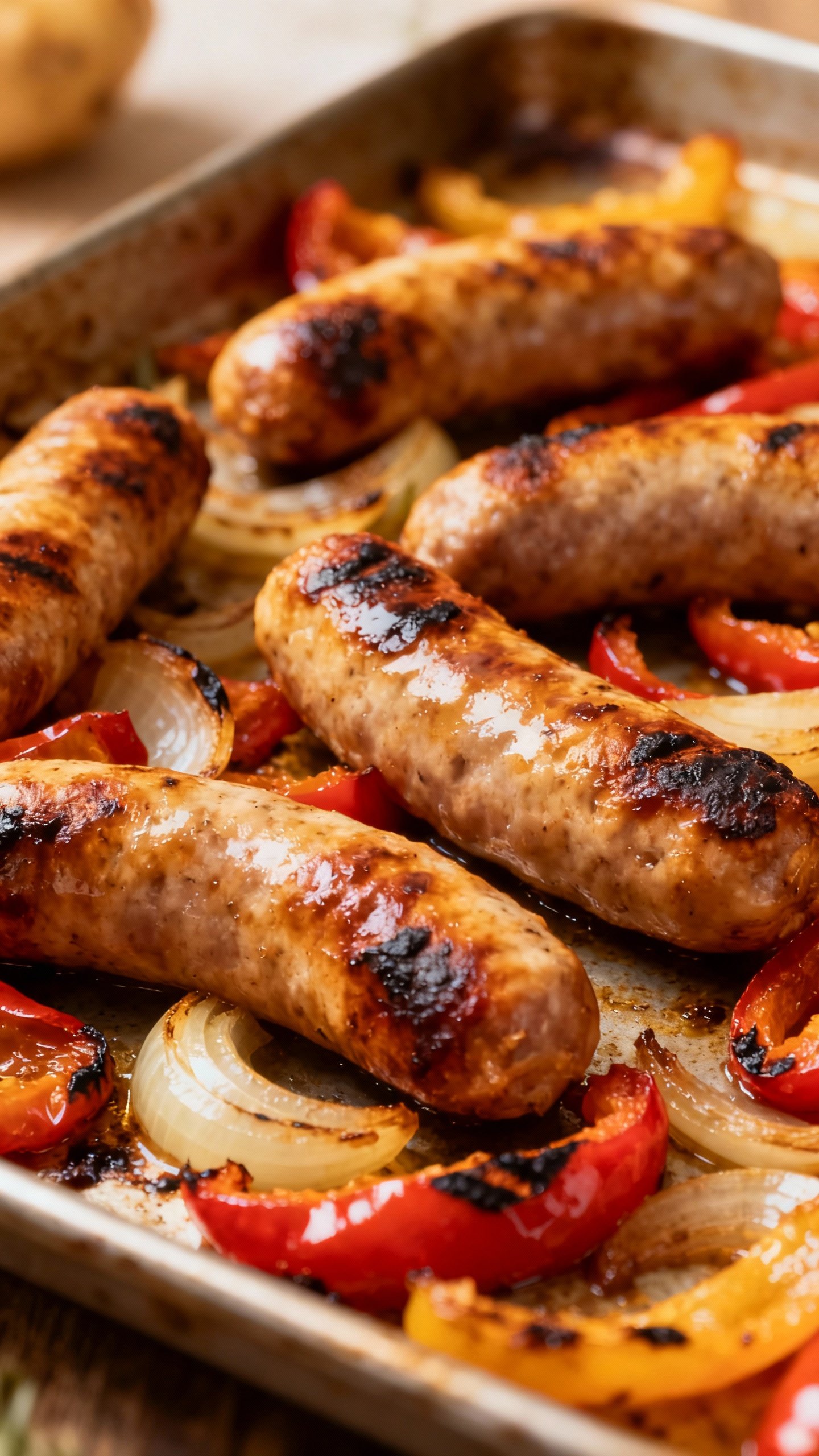 Sheet pan chicken sausage with peppers and onions, roasted char