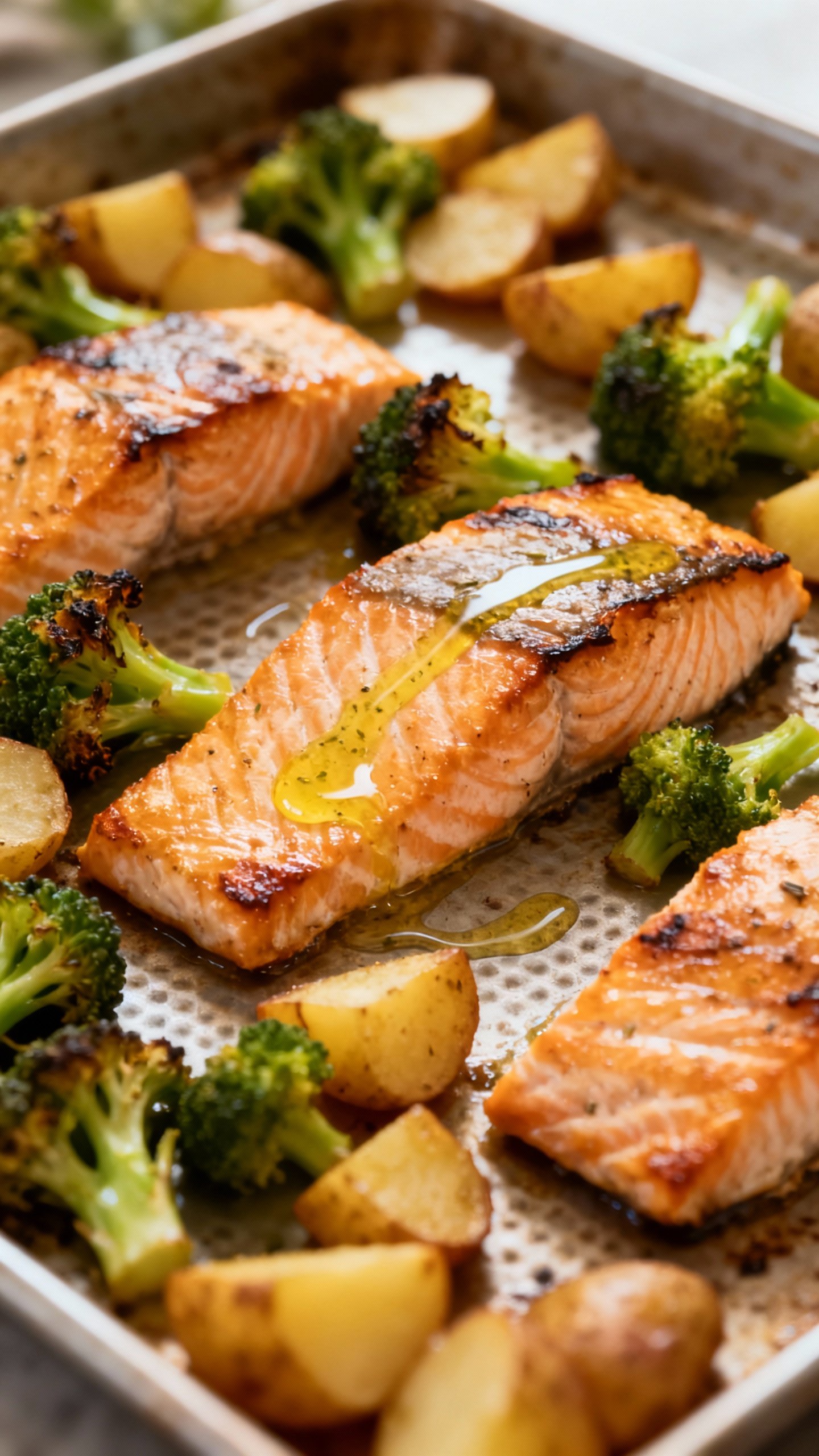 Sheet-pan salmon with roasted broccoli and potatoes, golden edges, drizzle of lemon-garlic olive oil