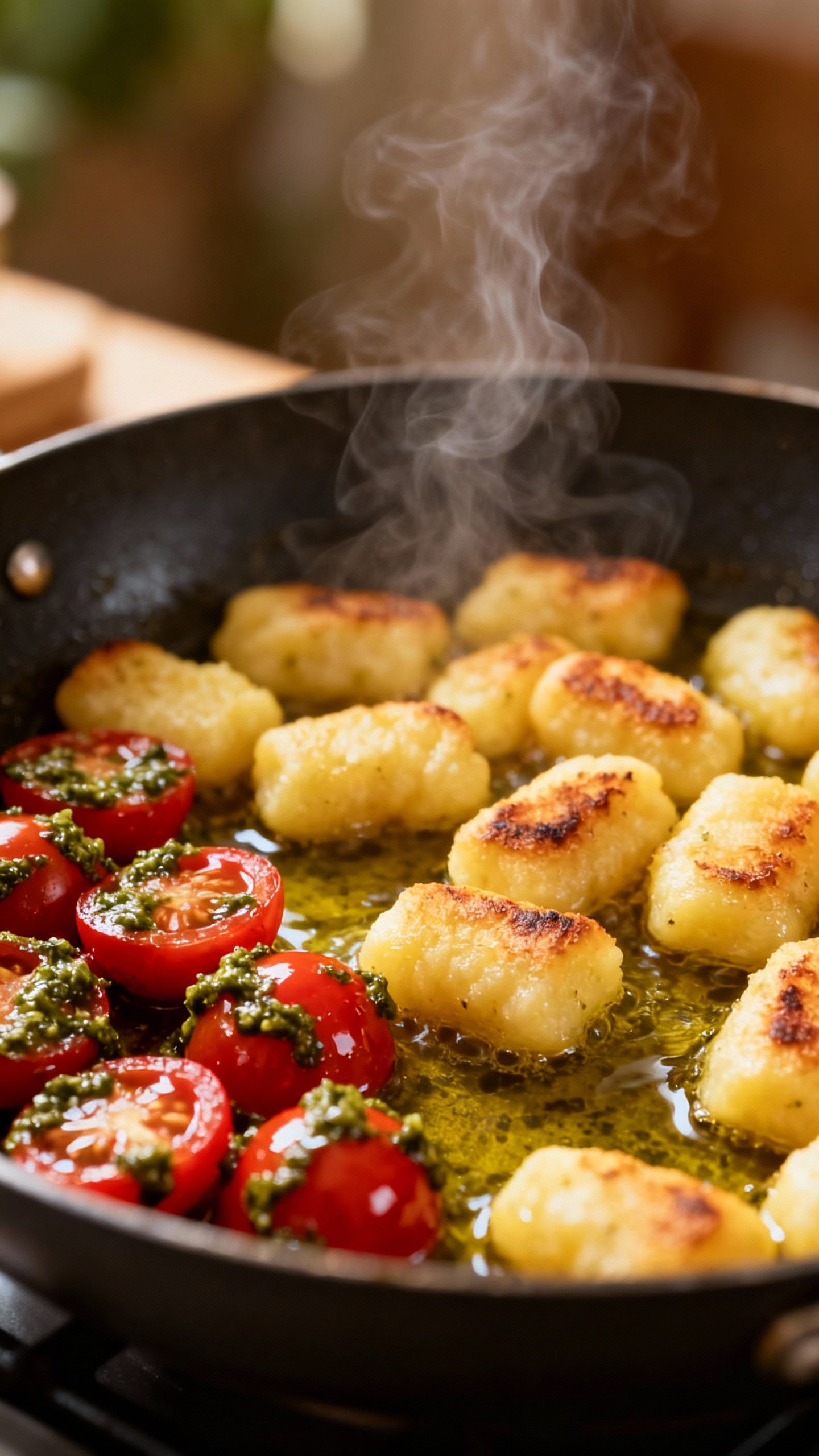 Skillet gnocchi crisping in olive oil, pesto-tossed tomatoes, steam