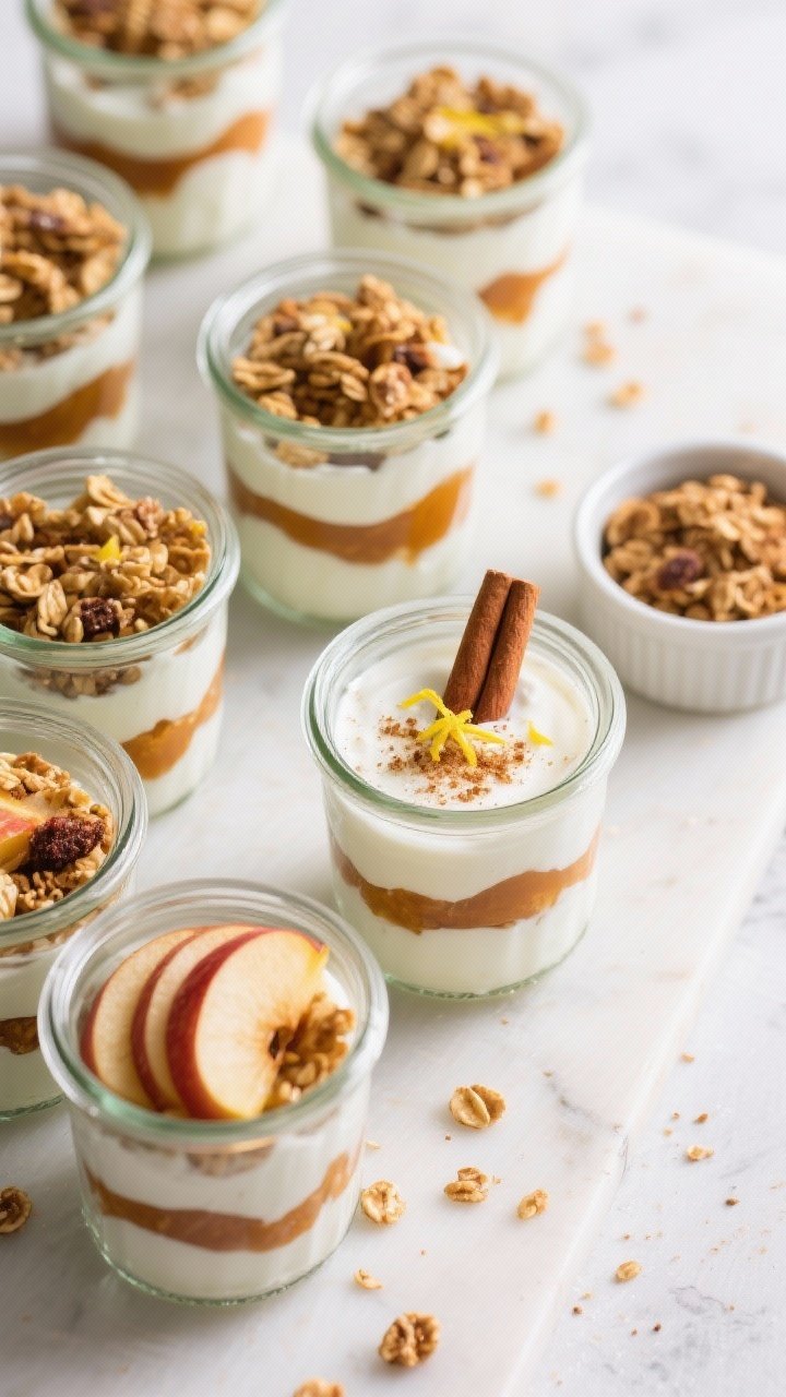 Tasty : Overhead shot of multiple assembled parfaits in short glass jars for meal prep—yogurt and