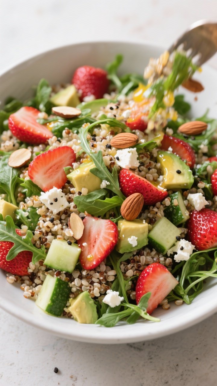 Tasty top view – assembled salad mix-in: Overhead shot of the Strawberry Quinoa Salad mid-toss in 