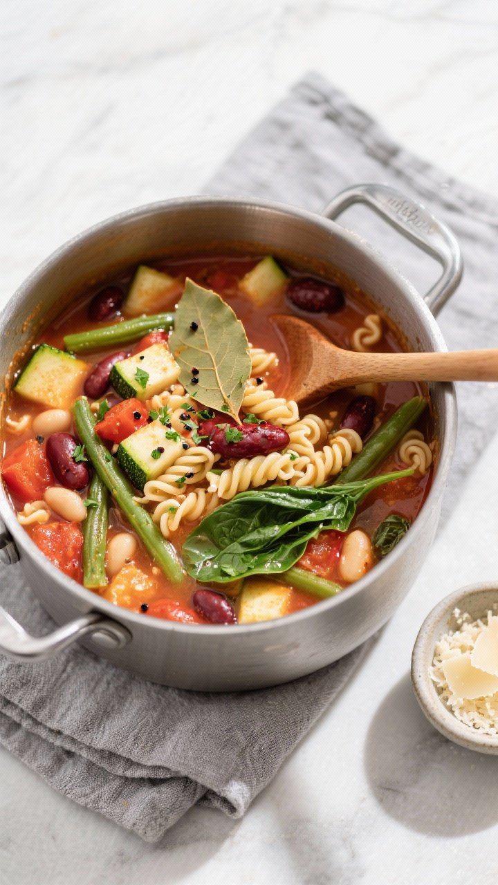 Tasty top view, brothy stage: Overhead shot of vibrant minestrone mid-simmer showing tender zucchini