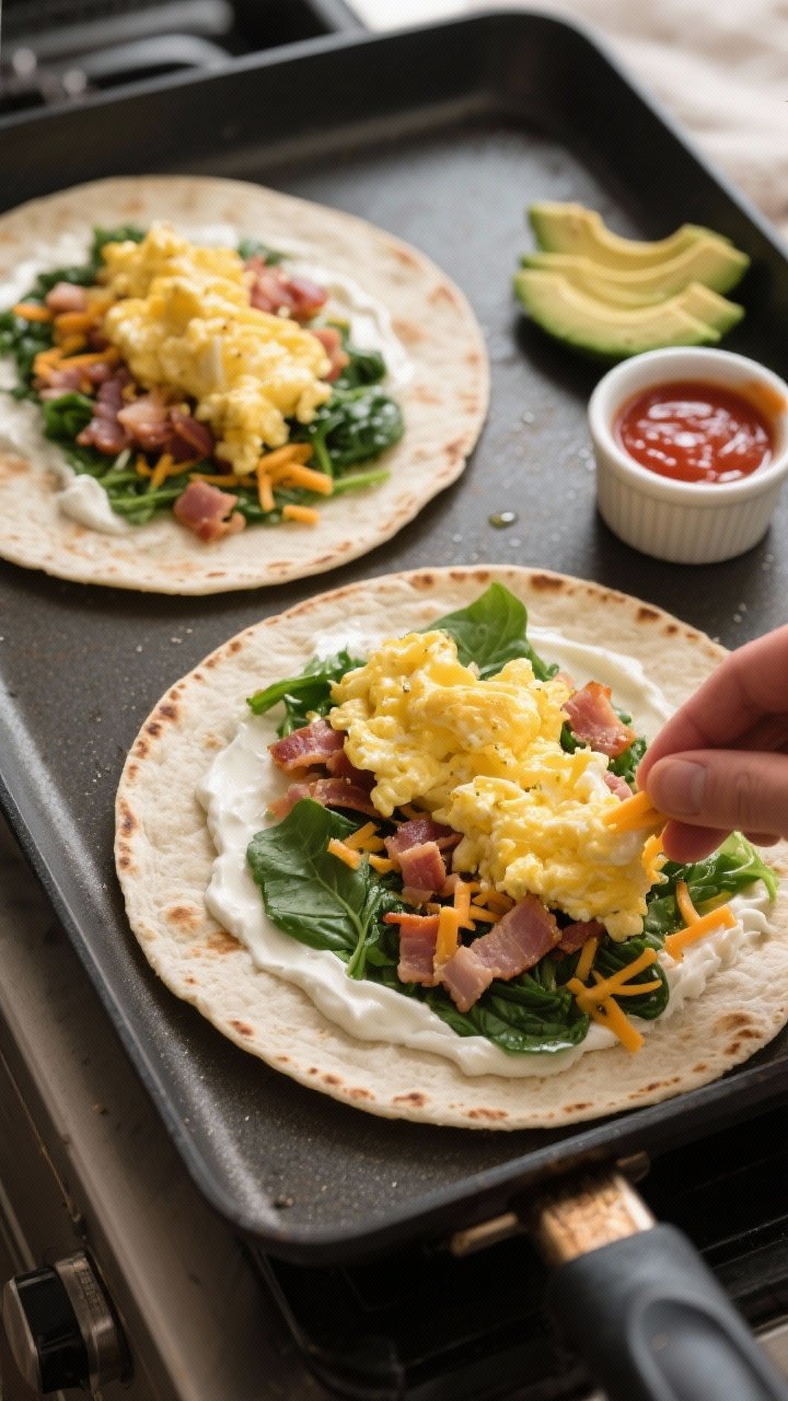 Tasty top-view cooking process: Overhead shot of two open tortillas on a flat griddle/pan, assembly
