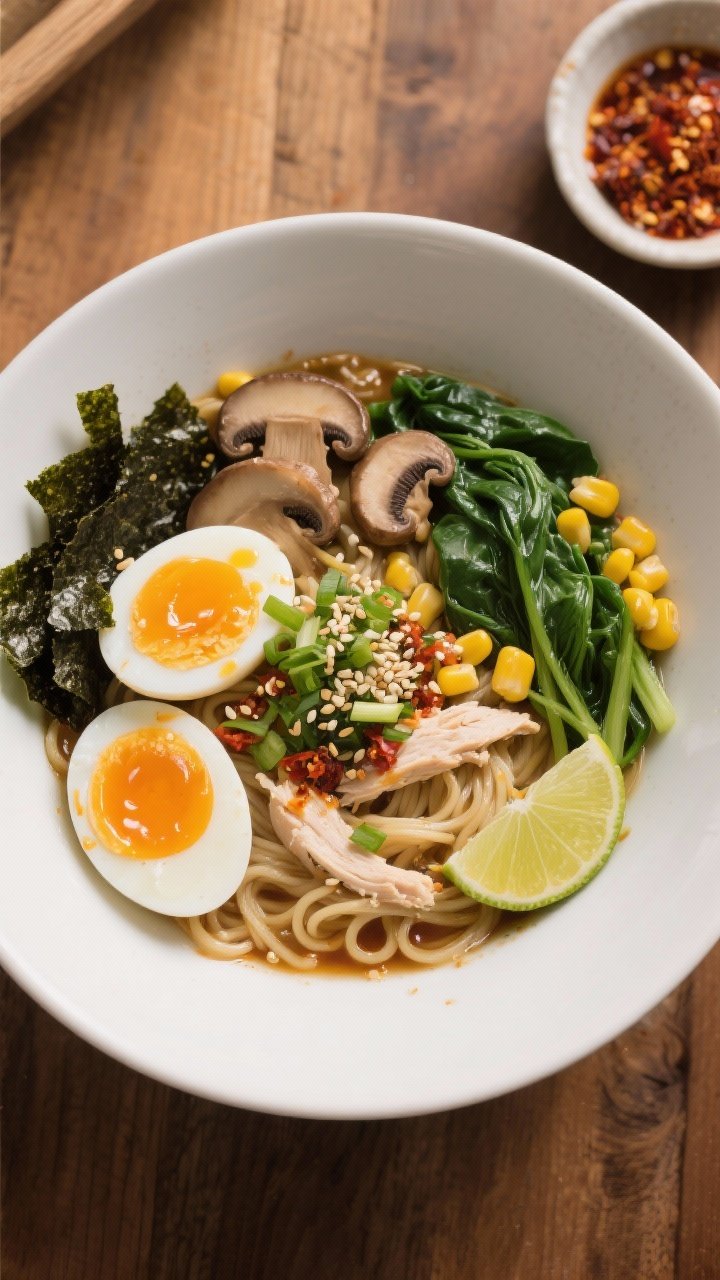 Tasty top view, final dish: Overhead shot of a finished homemade ramen bowl featuring silky noodles,
