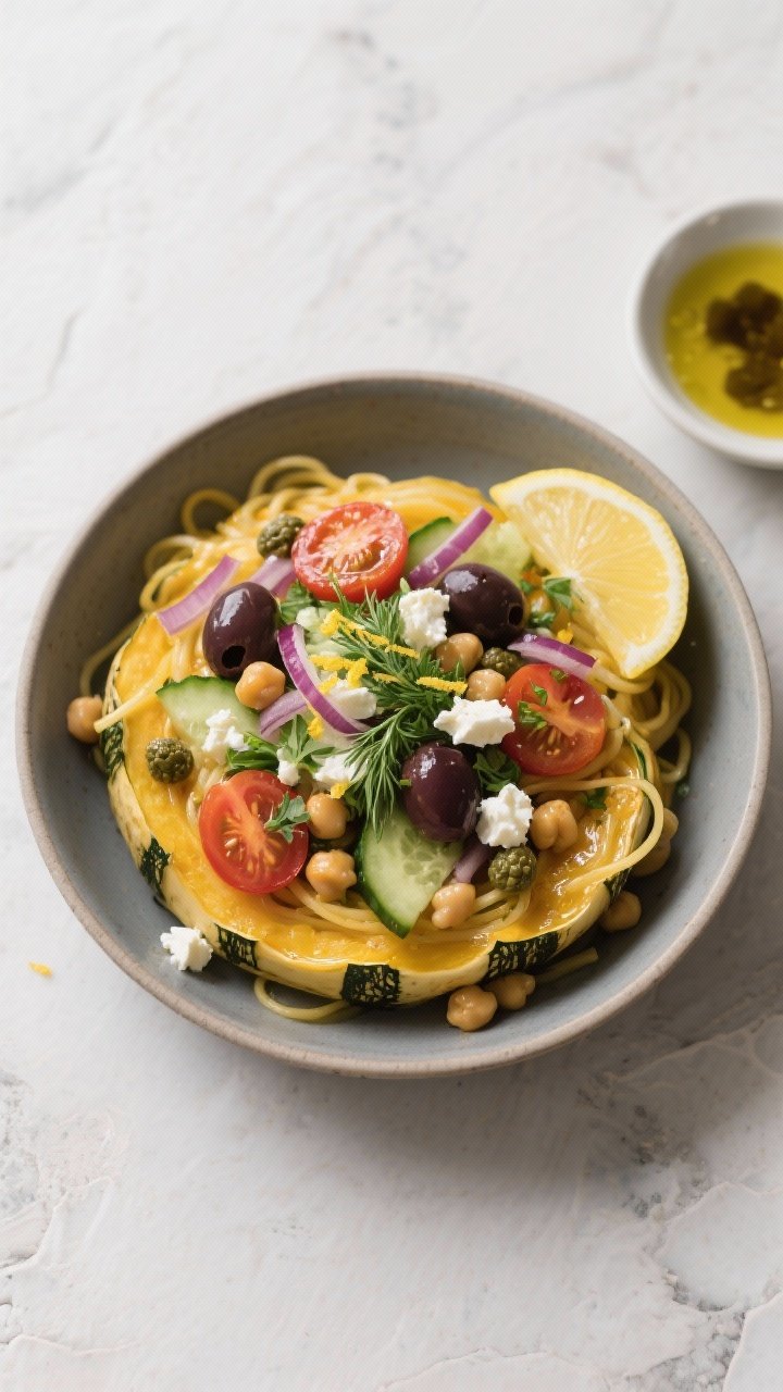 Tasty top view (final dish): Overhead shot of Mediterranean Spaghetti Squash Bowl assembled—bed of