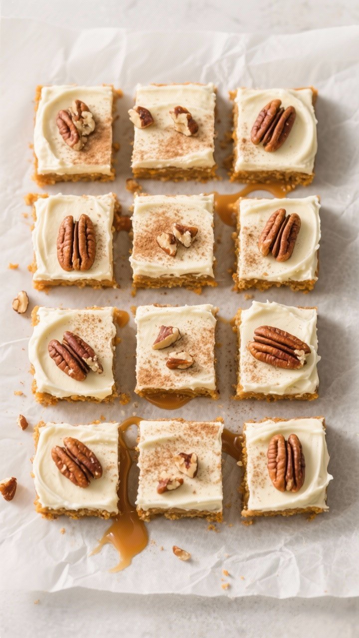 Tasty top view final dish: Overhead shot of neatly sliced pumpkin bars arranged in a grid on parchme