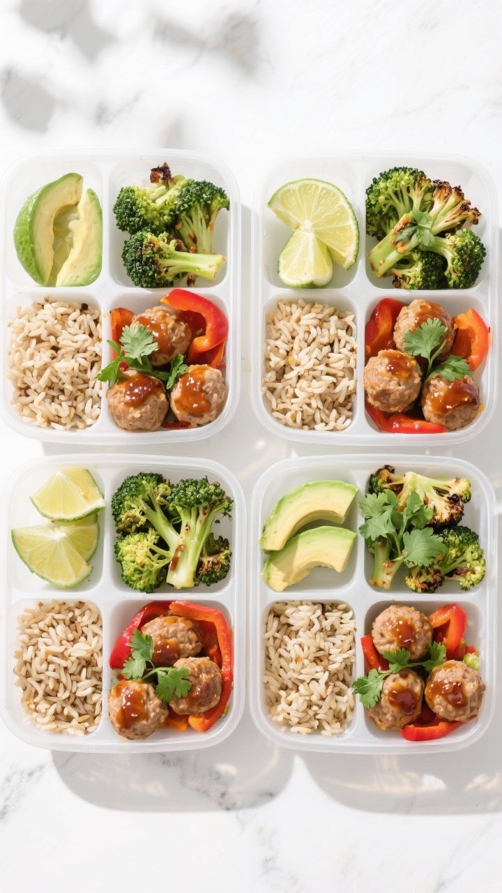 Tasty top view, final meal prep: Overhead shot of four meal prep containers arranged grid-style, eac
