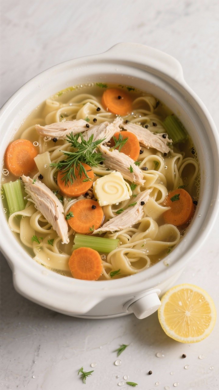 Tasty top view — finished soup in pot: Overhead shot of classic chicken noodle soup at the “fini