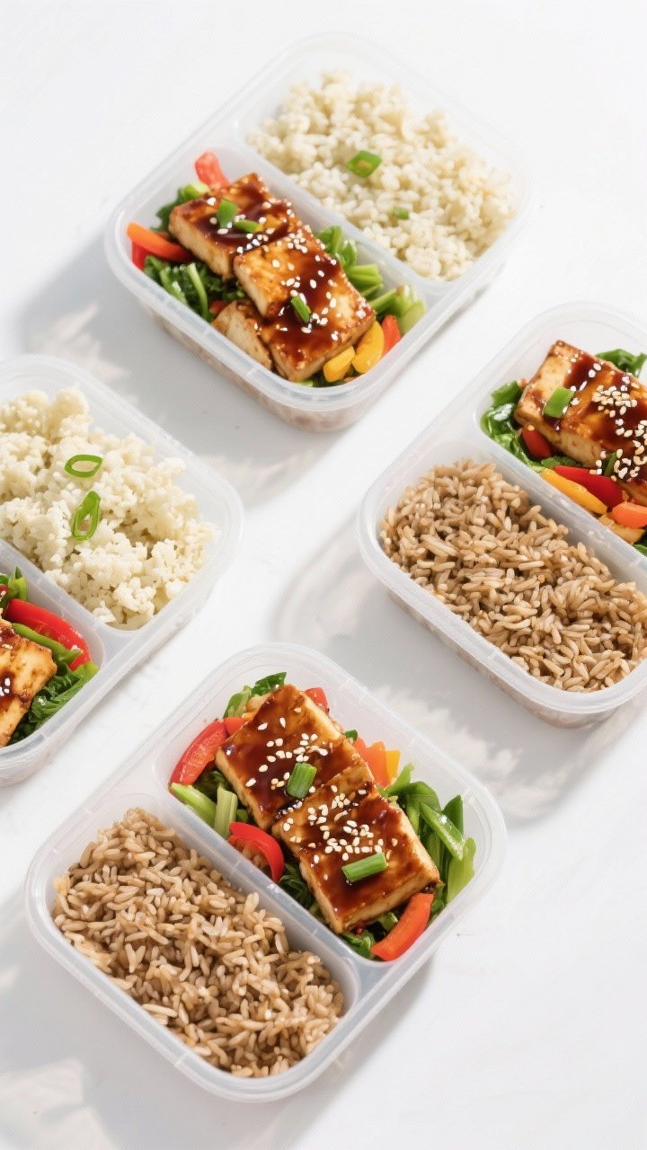 Tasty top view (meal prep): Overhead shot of four neatly portioned meal prep containers filled with 