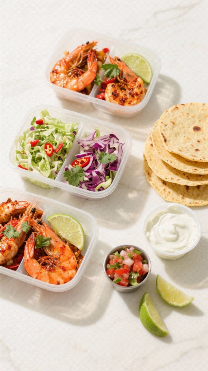Tasty top view meal-prep spread: Overhead shot of four meal-prep containers neatly arranged—one se