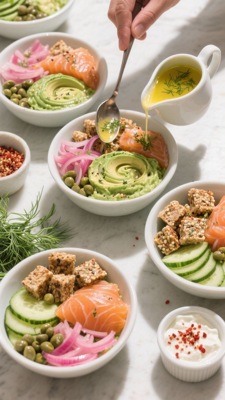 Tasty top view — Overhead assembly moment: Overhead shot of multiple bowls mid-assembly showing th