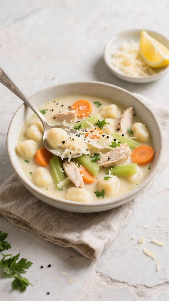 Tasty top view, overhead: Overhead shot of a ladled bowl of One-Pot Creamy Gnocchi Soup on a light s