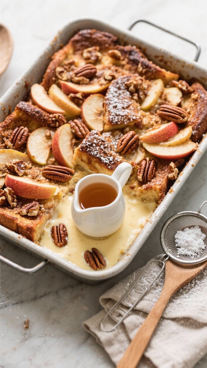 Tasty top view, overhead: Overhead shot of the baked Apple Cinnamon French Toast Bake in the pan, sh