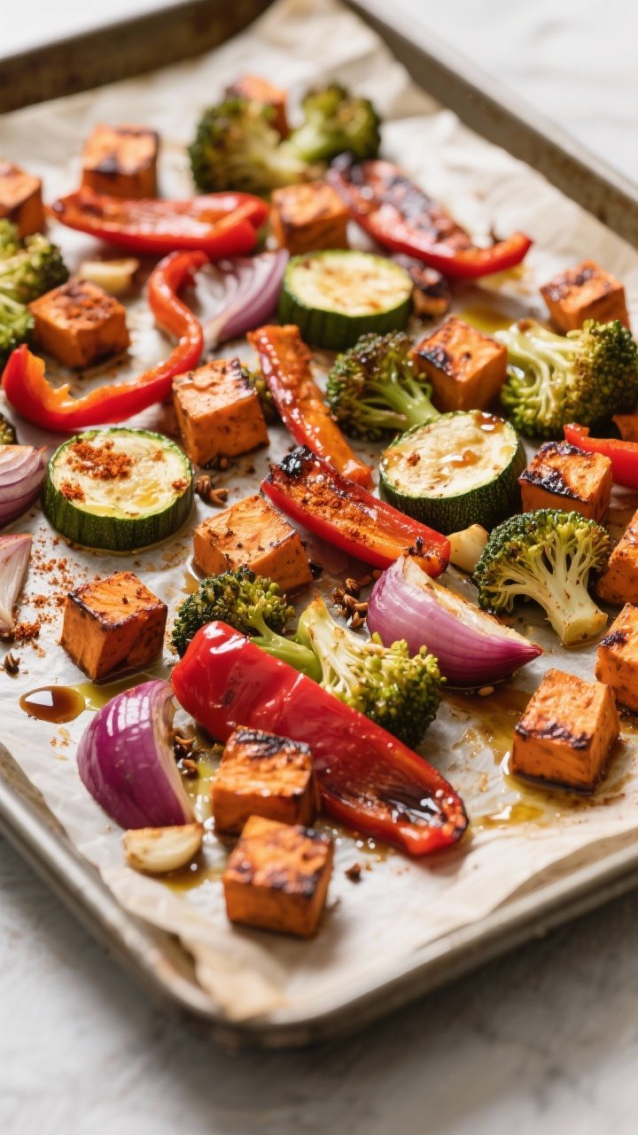 Tasty top view, overhead sheet-pan roast: Overhead shot of caramelized roasted veggies straight from