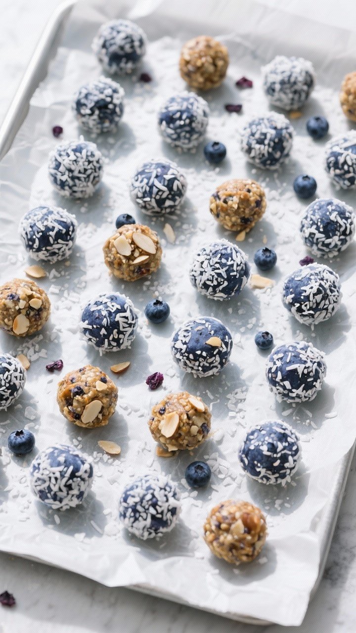 Tasty top view: Overhead shot of 18–22 blueberry energy bites arranged on a parchment-lined sheet 