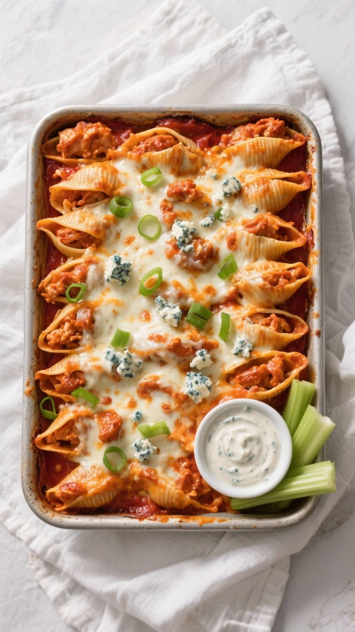 Tasty top view: Overhead shot of a 9x13 pan snugly packed with Buffalo chicken stuffed shells, chees