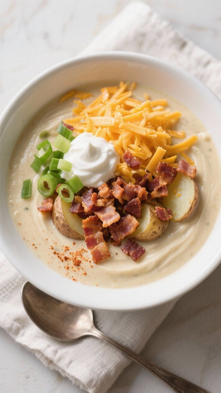 Tasty top view: Overhead shot of a bowl of “loaded” baked potato soup, velvety surface gently ri