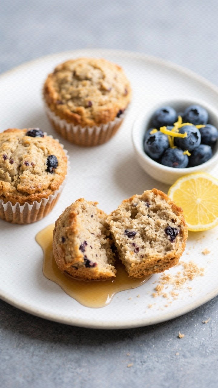 Tasty top view: Overhead shot of a breakfast setup featuring three Healthy Blueberry Muffins on a ma