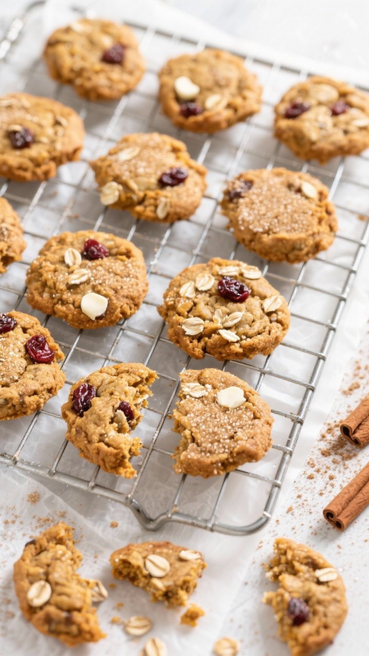 Tasty top view: Overhead shot of a cooling rack filled with uniformly sized pumpkin oatmeal cookies 