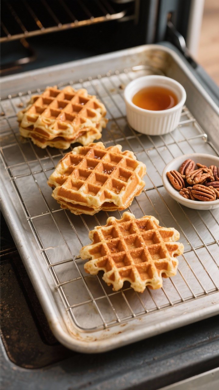 Tasty top view: Overhead shot of a cooling rack set on a sheet pan in a 200°F oven holding three Ap