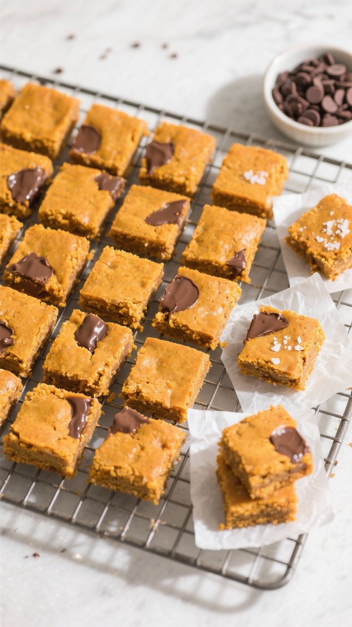 Tasty top view: Overhead shot of a cooling rack with neatly cut 16 squares of Pumpkin Blondies arran
