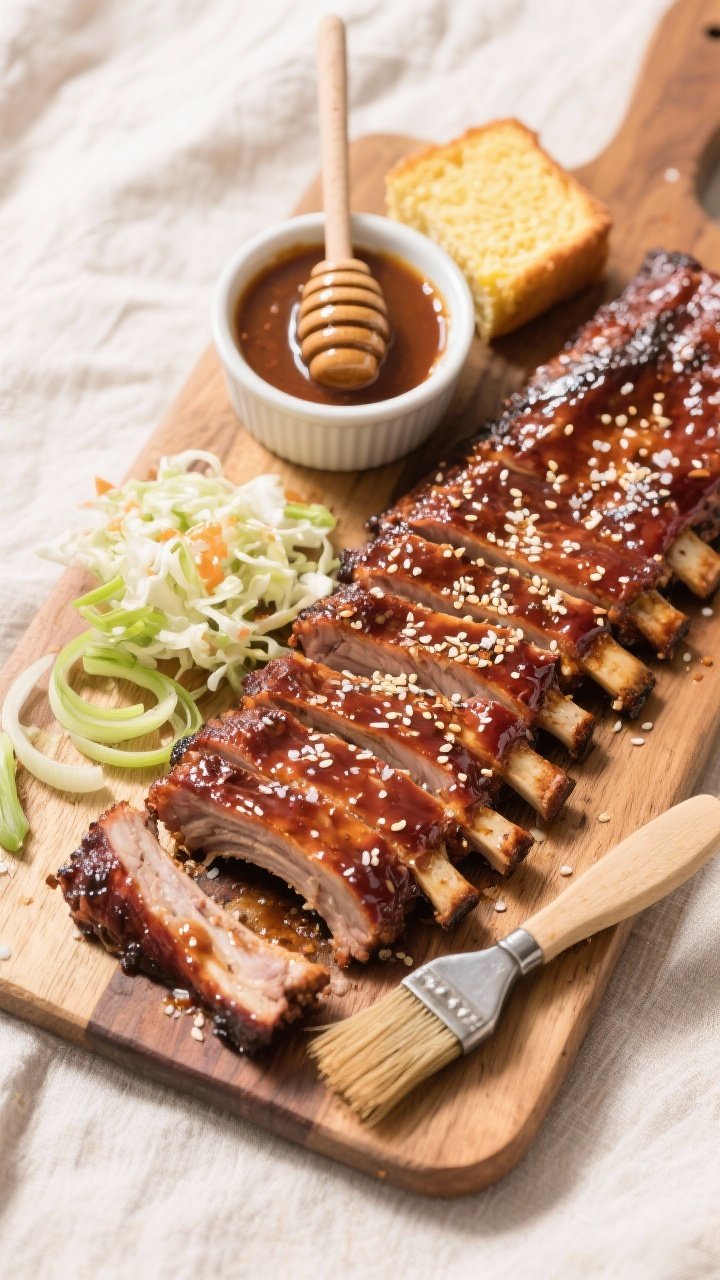 Tasty top view: Overhead shot of a cutting board spread of sliced baby back ribs with clean bone pul