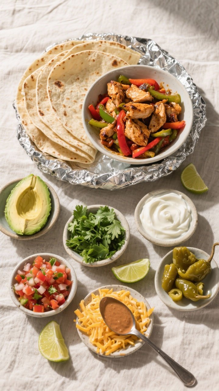Tasty top view: Overhead shot of a DIY fajita spread ready for serving—warm tortillas wrapped in f