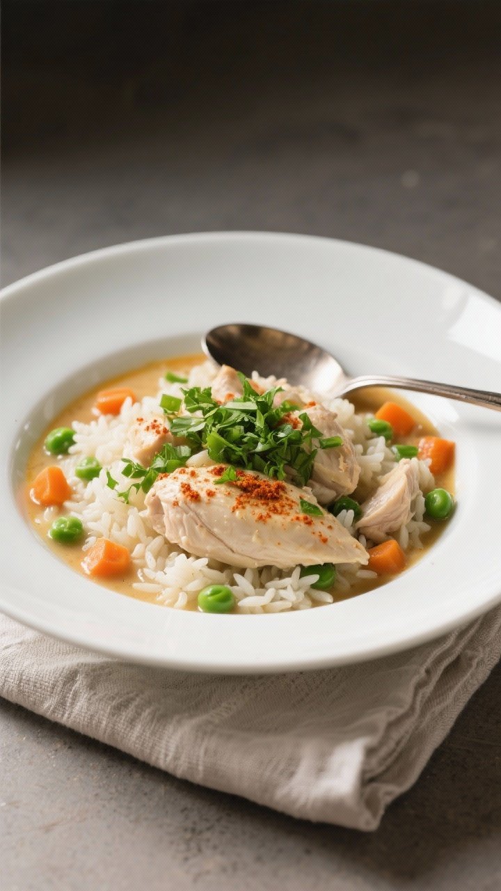 Tasty top view: Overhead shot of a final plated bowl of creamy chicken and rice, topped with a showe