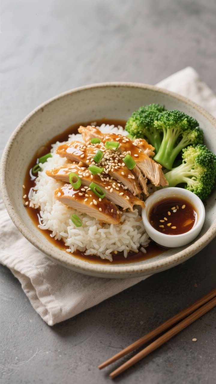 Tasty top view: Overhead shot of a finished honey garlic chicken bowl—mounded jasmine rice topped 