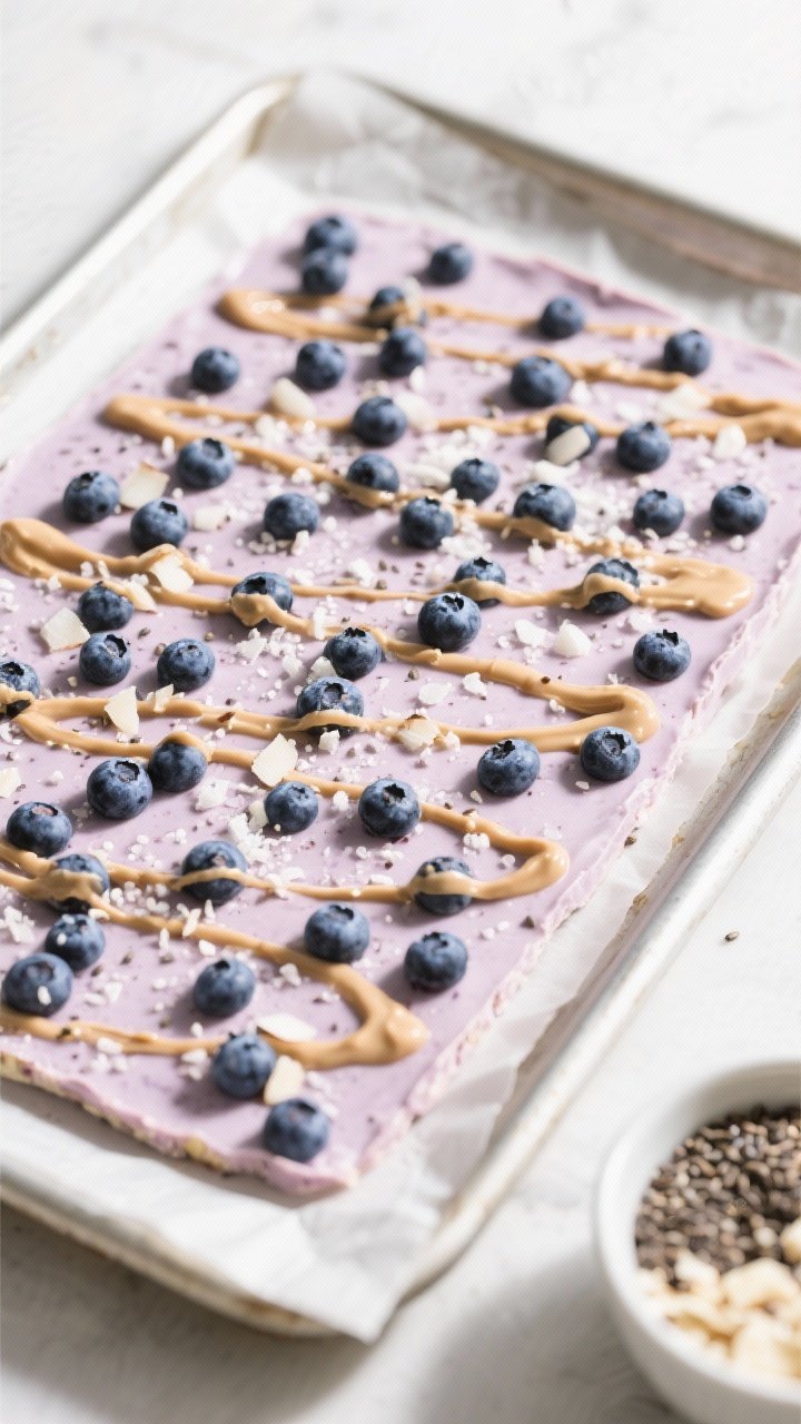 Tasty top view: Overhead shot of a full sheet of set blueberry frozen yogurt bark on parchment-lined