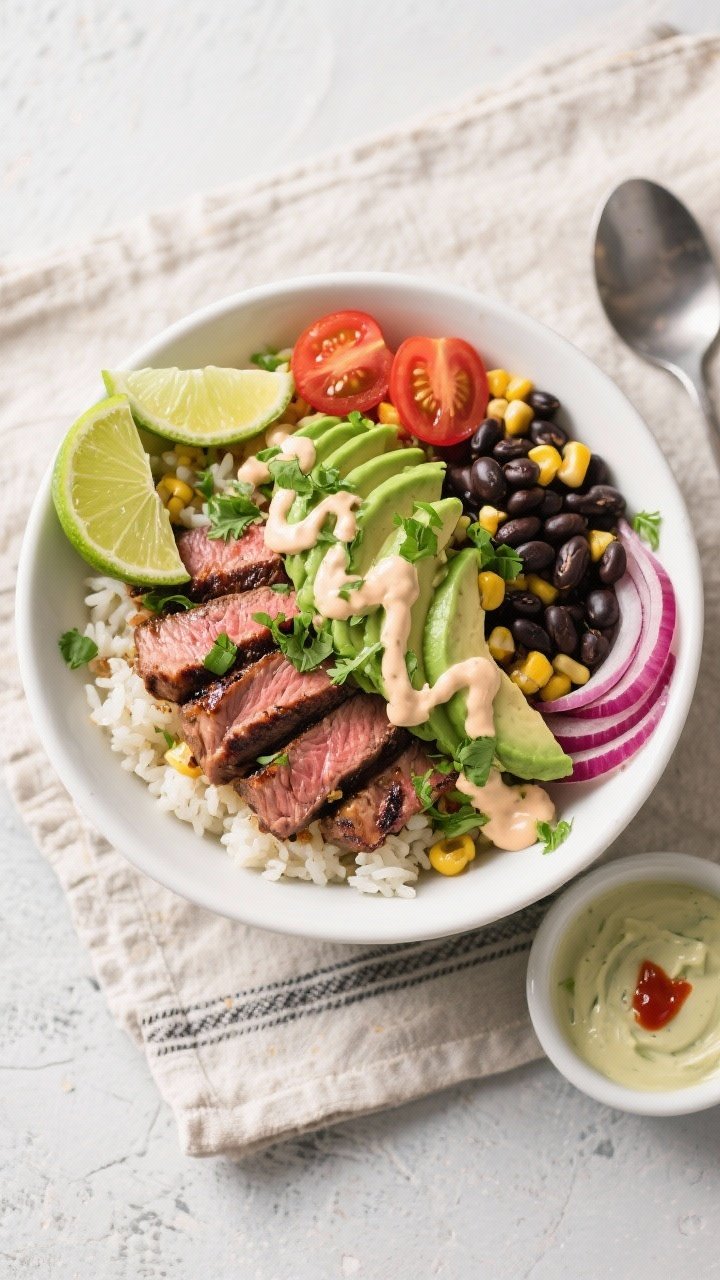 Tasty top view: Overhead shot of a fully built Cilantro Lime Steak Bowl—cilantro-lime rice base, r