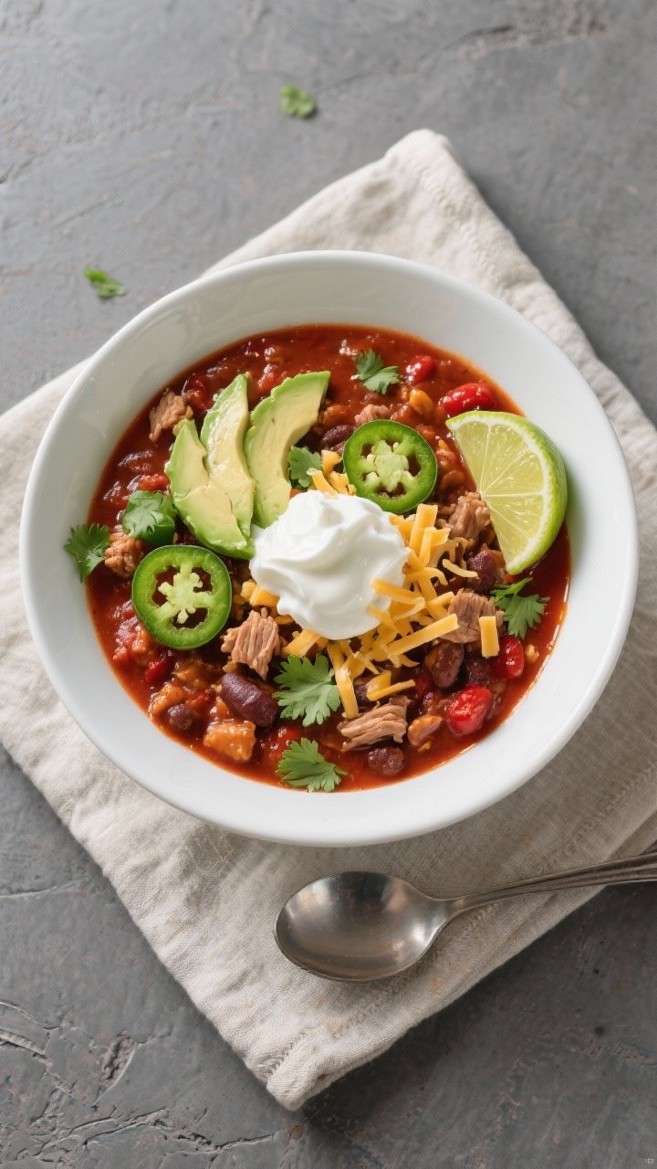 Tasty top view: Overhead shot of a game-day bowl of healthy turkey chili, ultra-cozy and spoon-thick