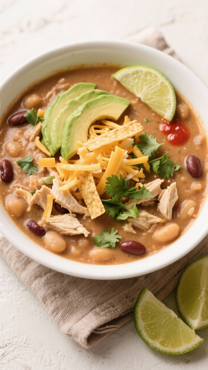 Tasty top view: Overhead shot of a generous bowl of finished White Chicken Chili, thick and cozy wit
