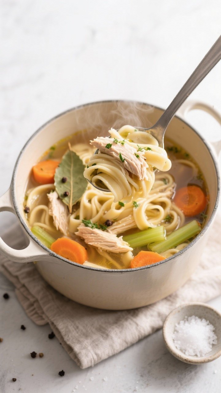 Tasty top view: Overhead shot of a ladle hovering above the pot, scooping a generous portion of cook