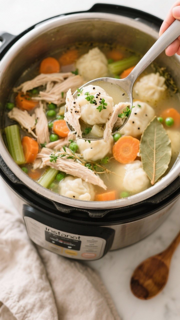 Tasty top view: Overhead shot of a ladle hovering over the Instant Pot, scooping a hearty portion of