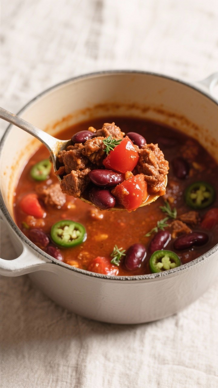Tasty top view: Overhead shot of a ladle hovering over the pot, lifting a heaping scoop of finished 