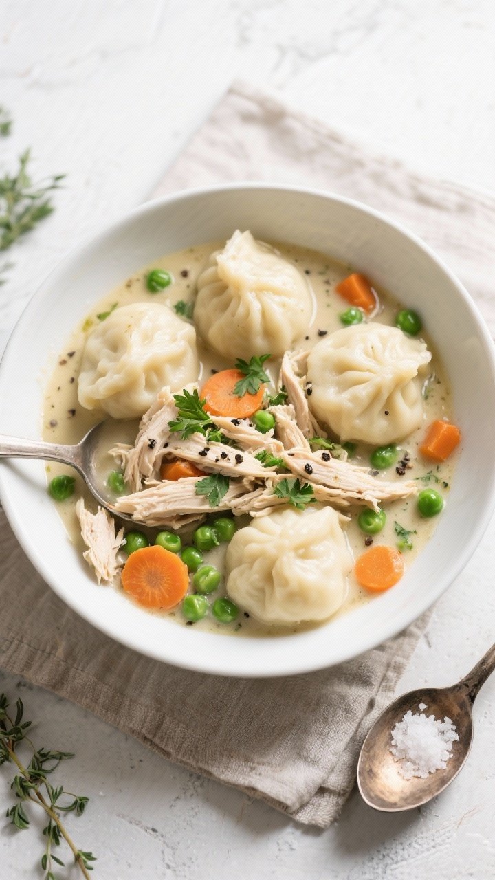 Tasty top view: Overhead shot of a ladled bowl of Crockpot chicken and dumplings with 4–5 fluffy d