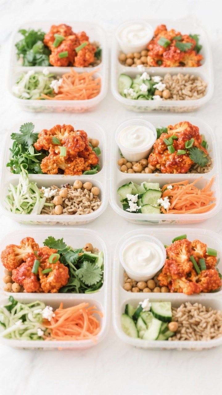 Tasty top view: Overhead shot of a meal-prep lineup—four compartment-style containers filled with