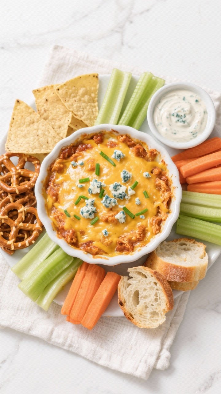 Tasty top view: Overhead shot of a party spread centered on the finished buffalo chicken dip in a 9-