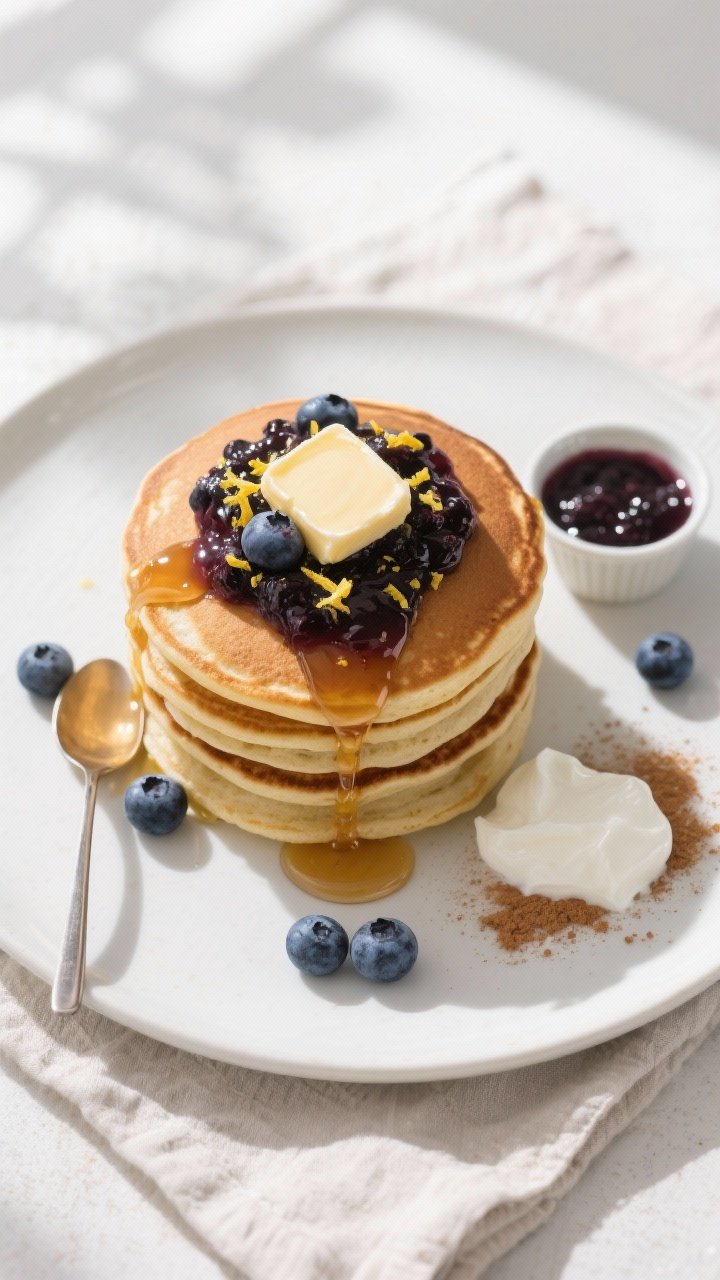 Tasty top view: Overhead shot of a tall stack of blueberry protein pancakes on a matte white plate, 